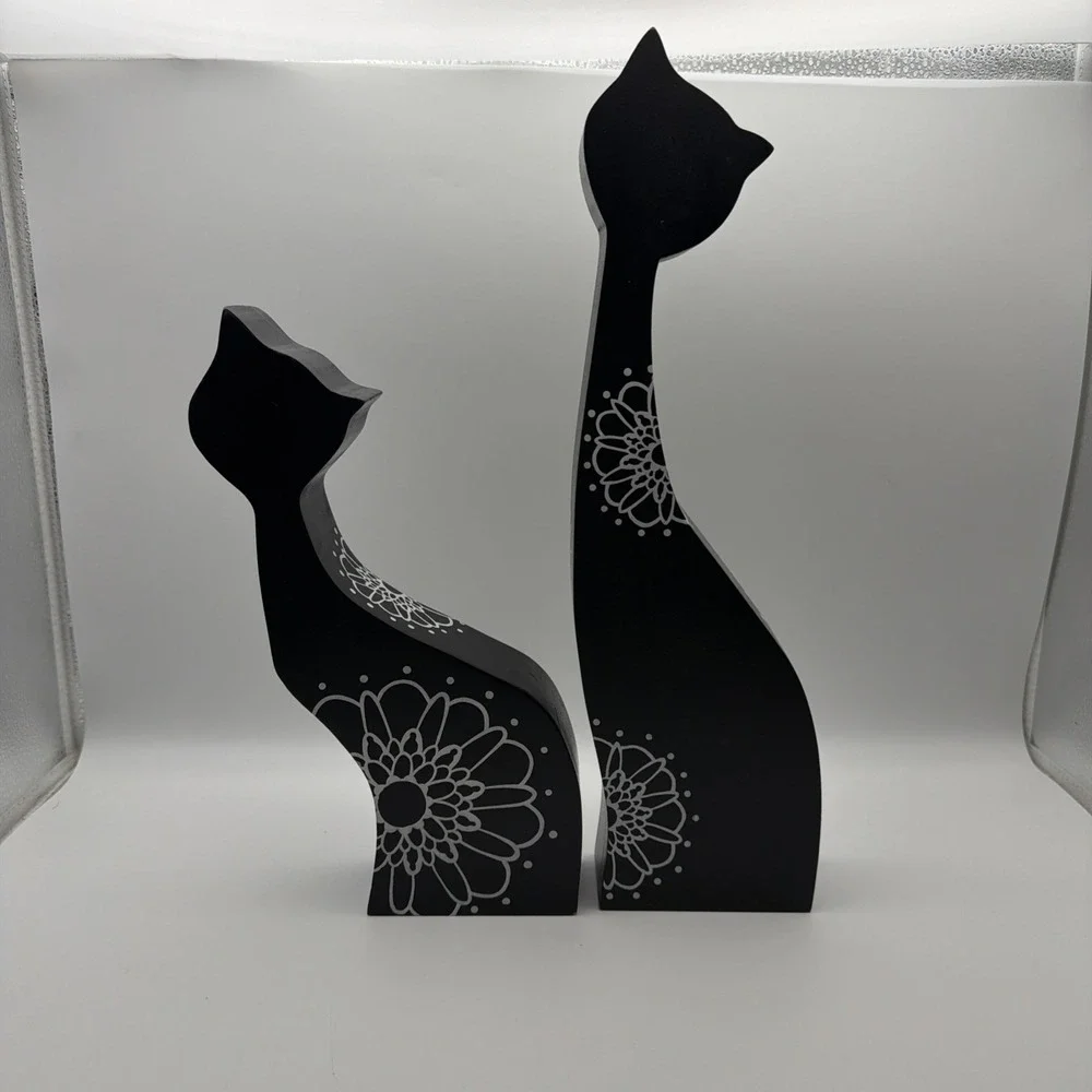 Set 2 Wood Carved Cat Silhouette Painted Adorable Pair of CATS‎ Statue 14